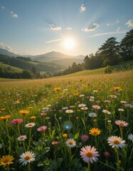 Fototapeta premium A vibrant field of wildflowers in full bloom stretches across the landscape, bathed in the warm, golden hues of a breathtaking sunset, casting a serene glow over the scene.
