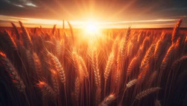 Golden wheat field at sunset with glowing light rays, soft focus and warm tones, peaceful countryside landscape - Powered by Adobe