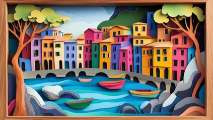 Fototapeta premium Colorful paper cut Italian village landscape