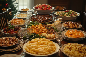 Obraz premium A festive spread on a table surrounded by a lit Christmas tree, showcasing a variety of scrumptious dishes perfect for a holiday gathering.
