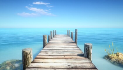 Obraz premium Wooden Walkway to the Ocean - A rustic boardwalk leads to the calm waters, with the beach stretching endlessly under a clear blue sky.