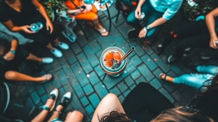 Overhead View of Friends Enjoying Drinks and Conversation on a Stone Patio