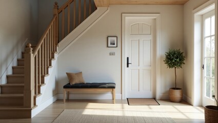 Wonderful corridor in white version, minimalist style and farmhouse