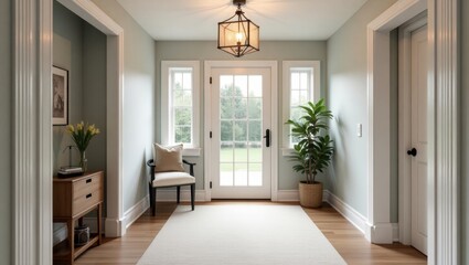 Fototapeta premium Wonderful corridor in white version, minimalist style and farmhouse