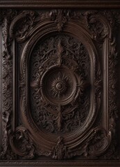 Obraz premium Dark wood panel with intricate carvings and ornate details , tree trunk, dark wood, ornate