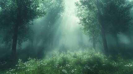 Obraz premium Foggy morning in a forest clearing, the ground covered in mist with soft rays of sunlight filtering through the trees