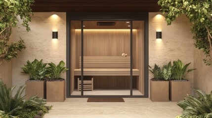Fototapeta premium Outdoor sauna with wooden interior, surrounded by plants, for relaxation, spa use