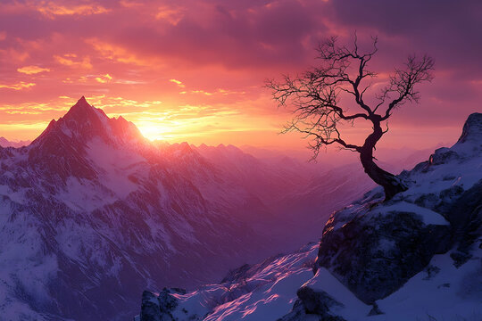 Majestic mountain sunset over a snow-capped peak.