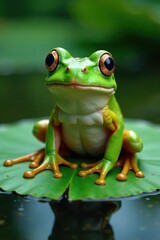 Naklejka premium Frog sitting on a lily pad, looking at the camera with big eyes , serenity, nature
