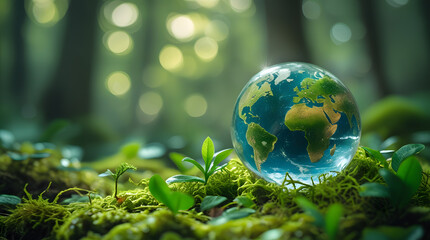 Environmental concept - Crystal globe on green moss in forest to protect nature. Eco-friendly esg conservation care for the earth for sustainability keep the earth clean and ecology. Earth Day