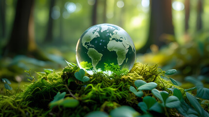 Environmental concept - Crystal globe on green moss in forest to protect nature. Eco-friendly esg conservation care for the earth for sustainability keep the earth clean and ecology. Earth Day