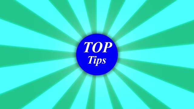 Top tips comic font animation , Motion Graphics animation white capital letters inside Animated comic cartoon background, with rotating ornaments blue rays background video. 4K motion animation