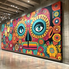 Colorful sugar skull mural on a wall with bright floral and geometric patterns.