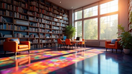 Reading room with library, atmospheric 