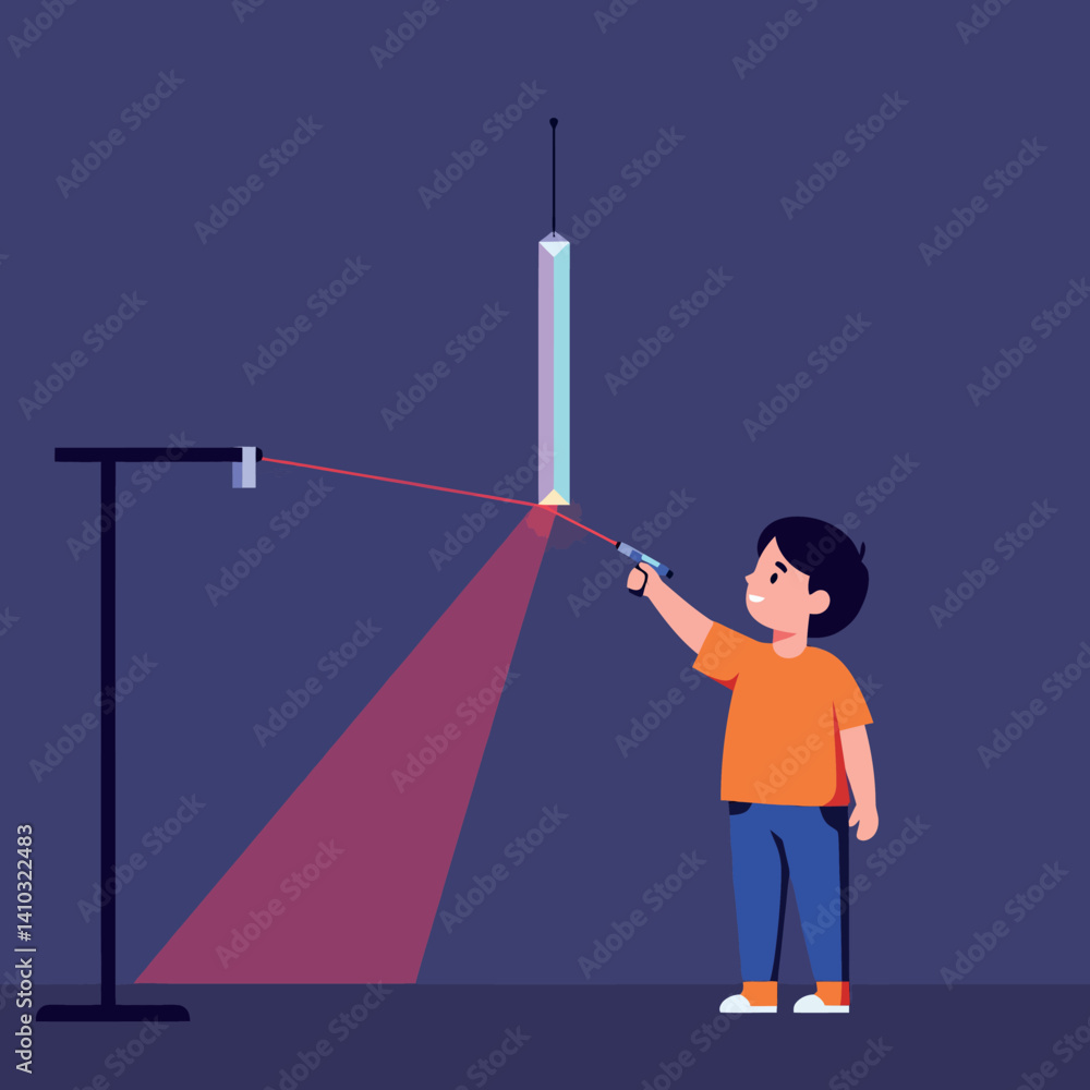 Poster young boy using a handheld laser pointer targeting a suspended prism in flat design vector illustrat