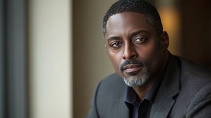 Fototapeta premium Confident African American businessman in suit, soft light, blurred office background, exuding professionalism and determination.