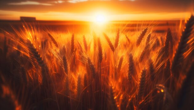 Golden wheat field at sunset with glowing light rays, soft focus and warm tones, peaceful countryside landscape