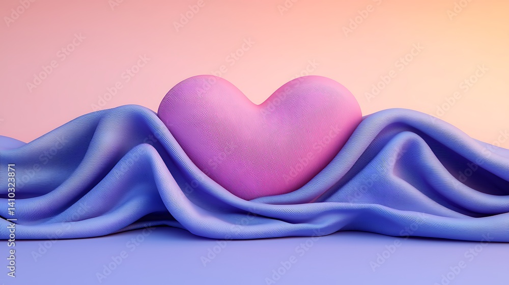 Poster elegant heart sculpture nestled on soft draped fabric against a calming color gradient background fo