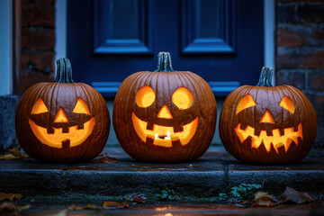 Fototapeta premium Three carved pumpkins on a doorstep with flickering candles inside, casting eerie shadows on the stairs.