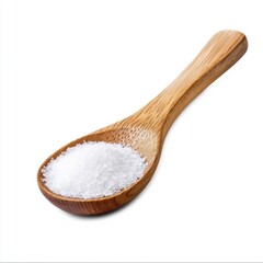 Salt in wooden spoon close up view on white background