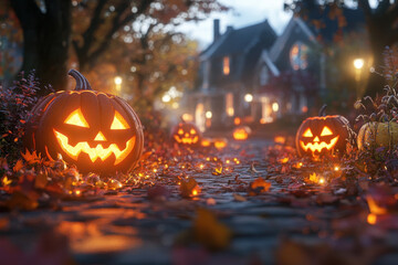 Halloween pumpkins lined up on a street, illuminated by flickering candles, creating a spooky yet festive atmosphere.
