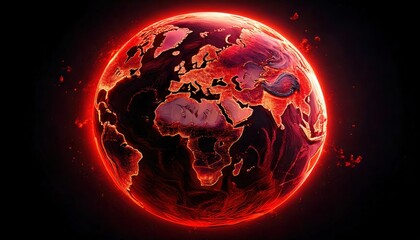 Conceptual image of a glowing red Earth with illuminated continents, symbolizing extreme heat, global crisis, or digital energy overload.