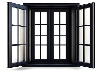 Elegant Black Window with Opened Hinged Panels and Clear Glass
