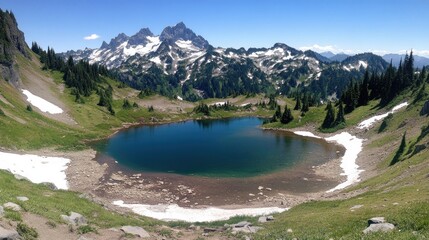 Naklejka premium High-elevation mountain lake nestled amidst peaks and meadows.
