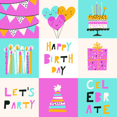 Happy birthday greeting card with cake, candle, balloons and party decorations. Holiday postcards. Flat vector illustrations
