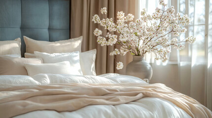 Elegant bedroom decorated with blooming branches in a vase on the bedside table