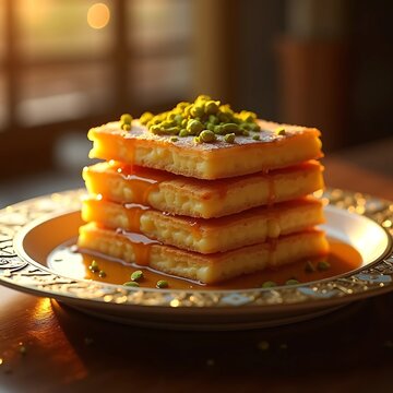 Flaky, syrup-drenched kunafa with melted cheese and crushed pistachios, served on an ornate arabic tray
