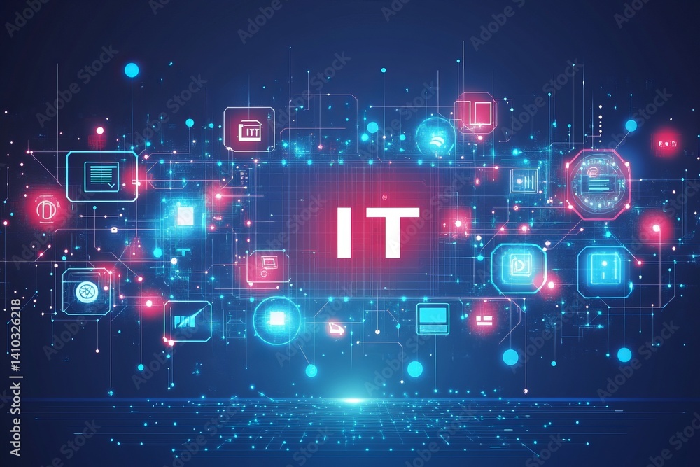 Poster a colorful image of technology with the word it written in white, a digital background with it icons