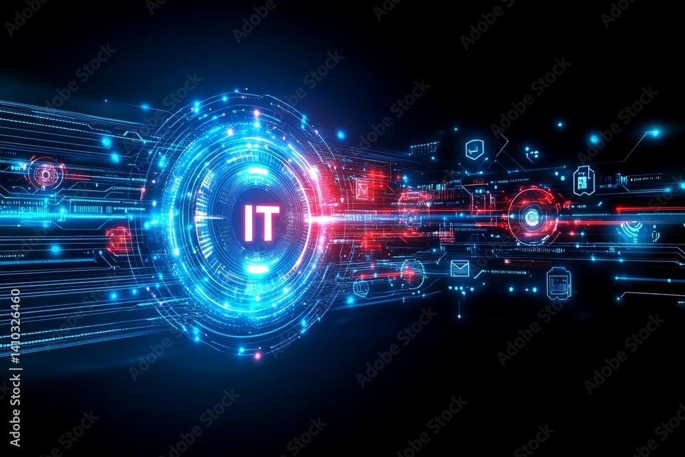 Aufkleber a colorful image of technology with the word it written in white, a digital background with it icons