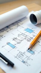 Technical drawing with blueprints and design elements on white background , illustration, black outline