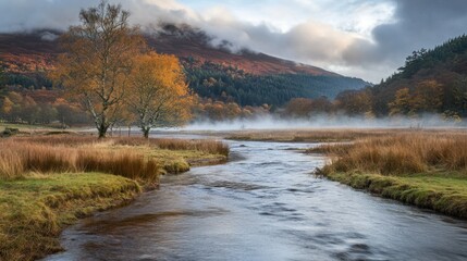 Fototapeta premium A serene landscape featuring a river and fall colored trees