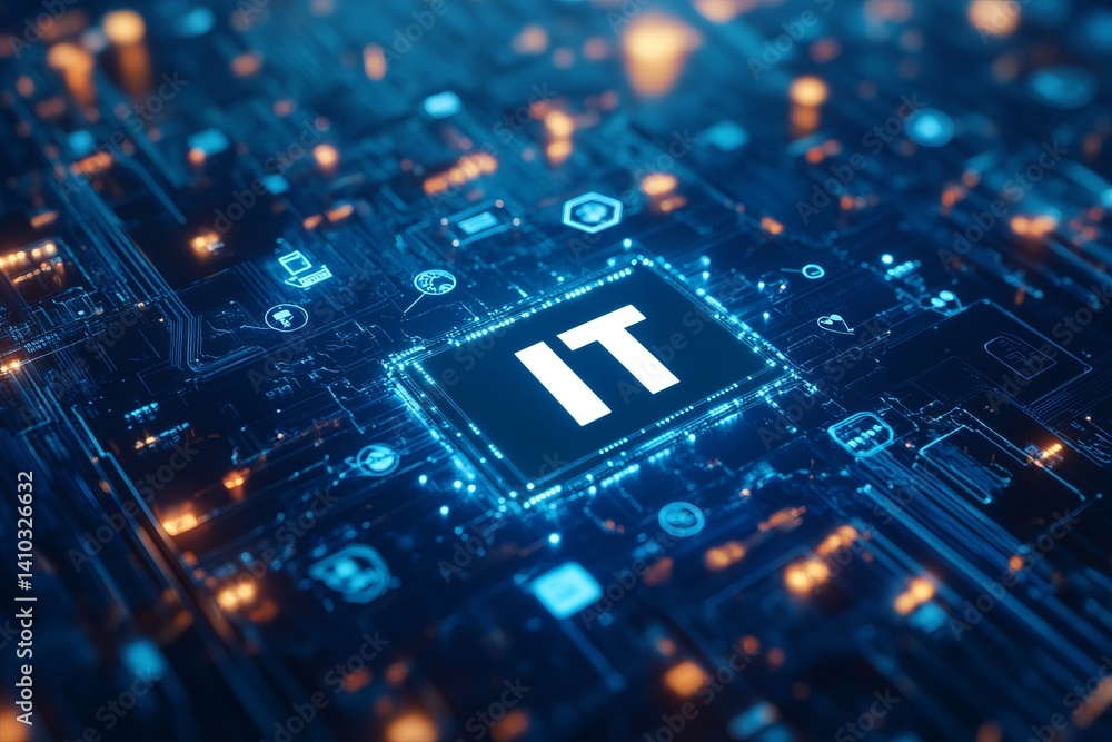 Poster a colorful image of technology with the word it written in white, a digital background with it icons