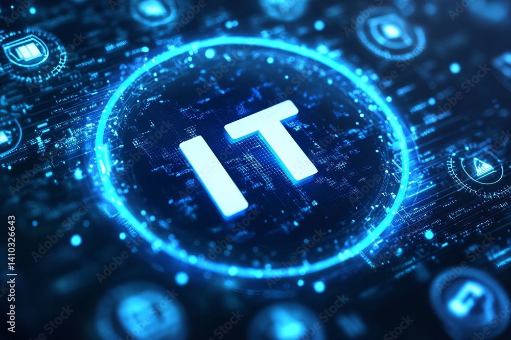 Poster a colorful image of technology with the word it written in white, a digital background with it icons