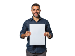 Business portrait isolated on white transparent background: A smiling man with a beard confidently holds a blank white paper against a neutral gray background, inviting viewers to add their own mess