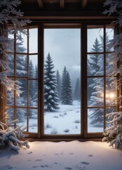 Winter wonderland with snow-covered pine trees, frosted glass window, and twinkling fairy lights, pinecones, misty atmosphere