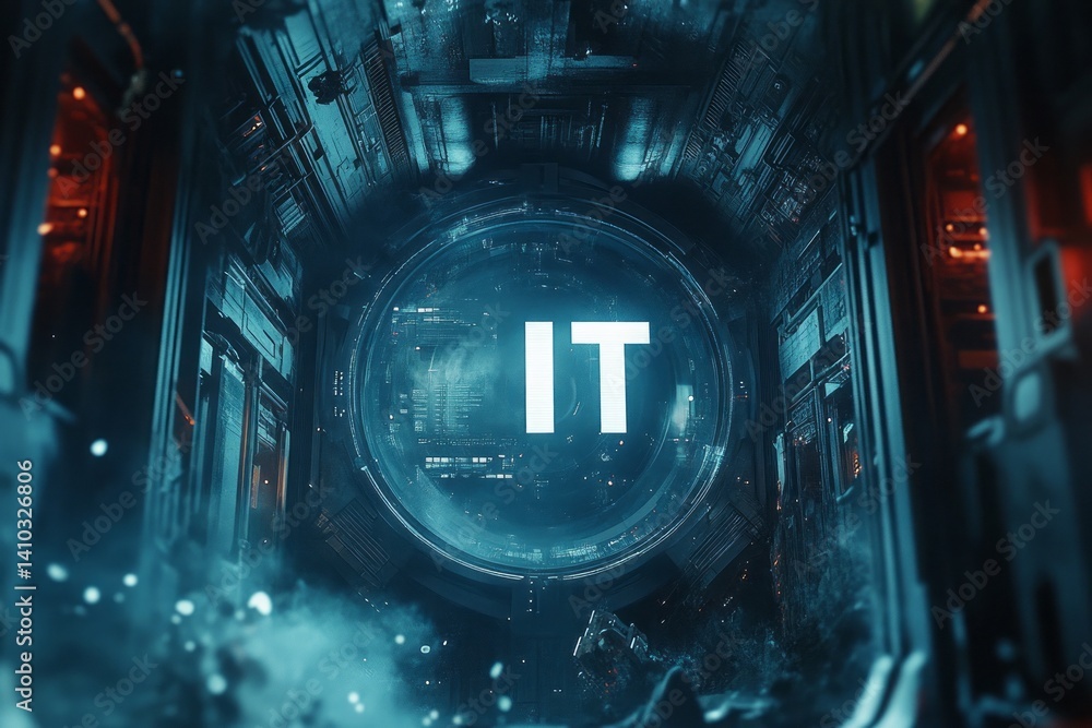 Poster a colorful image of technology with the word it written in white, a digital background with it icons