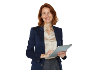 Business portrait isolated on white transparent background: A confident businesswoman with auburn hair smiles warmly while holding a tablet and wearing a navy blazer over a silk blouse and gray trou