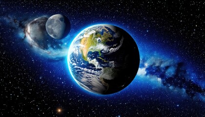 Obraz premium A vivid image of Earth and the Moon floating in the cosmos, surrounded by bright stars and glowing nebulae in deep space.
