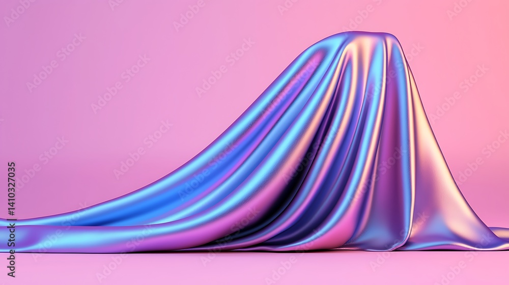 Poster iridescent fabric draped over form on a pastel background creating mysterious and elegant aesthetic 