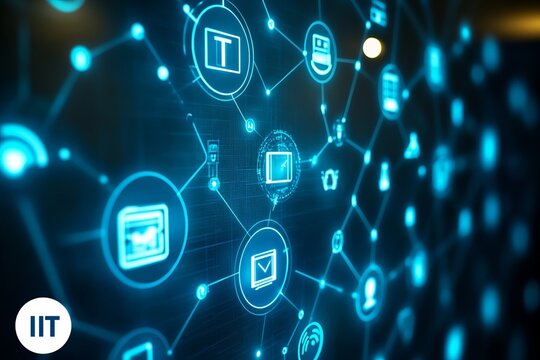 A colorful image of technology with the word IT written in white, A digital background with IT icons and the word in large, centered text. The background has a blue gradient.
