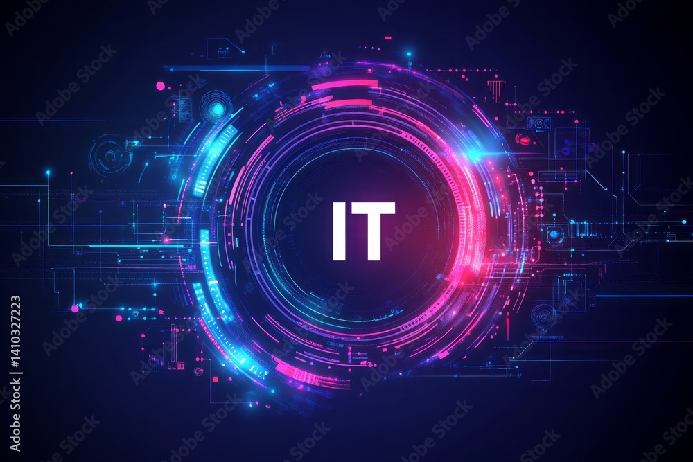 Aufkleber a colorful image of technology with the word it written in white, a digital background with it icons