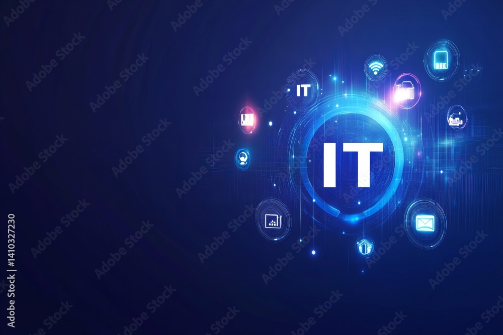 Aufkleber a colorful image of technology with the word it written in white, a digital background with it icons