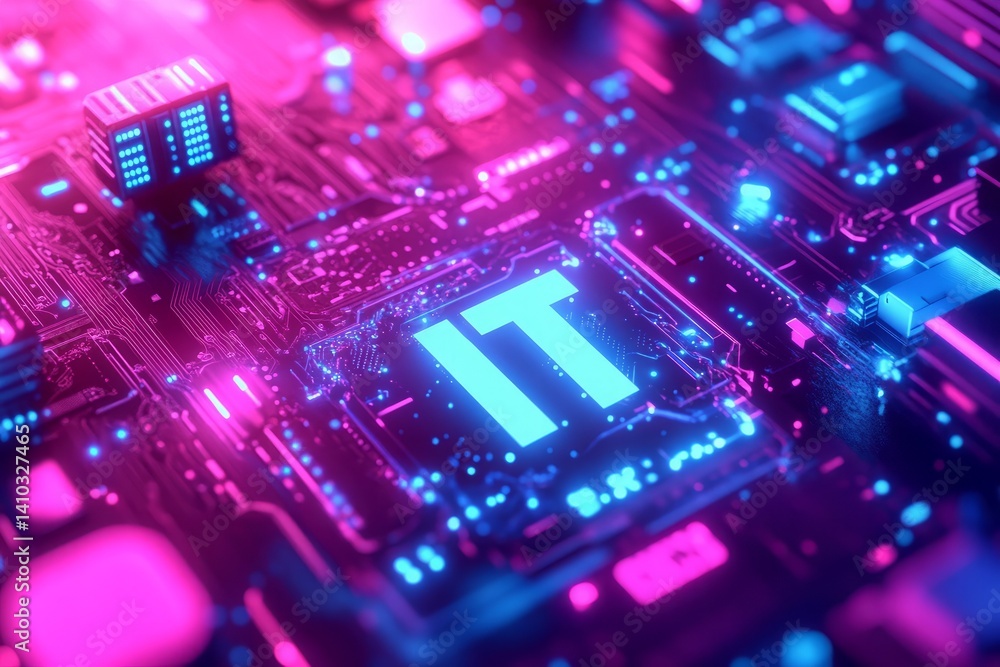 Aufkleber a colorful image of technology with the word it written in white, a digital background with it icons