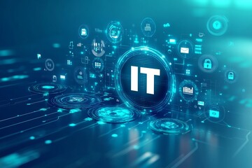 A colorful image of technology with the word IT written in white, A digital background with IT icons and the word in large, centered text. The background has a blue gradient.