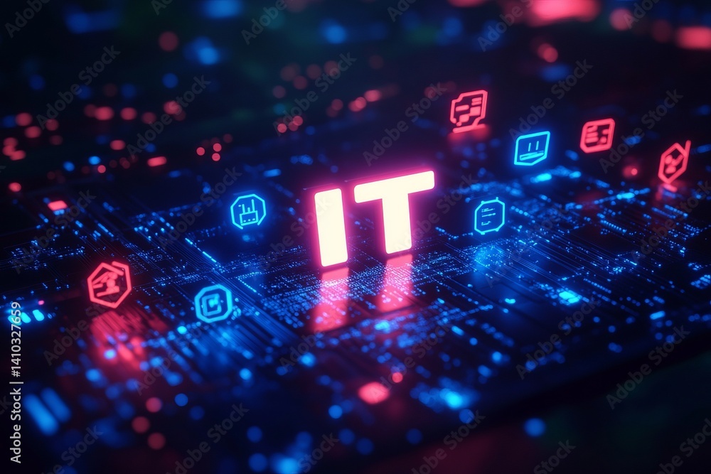 Poster a colorful image of technology with the word it written in white, a digital background with it icons