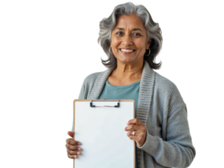 Business portrait isolated on white transparent background: A smiling, mature woman with gray hair holds a clipboard against a plain background, conveying a sense of professionalism and readiness.